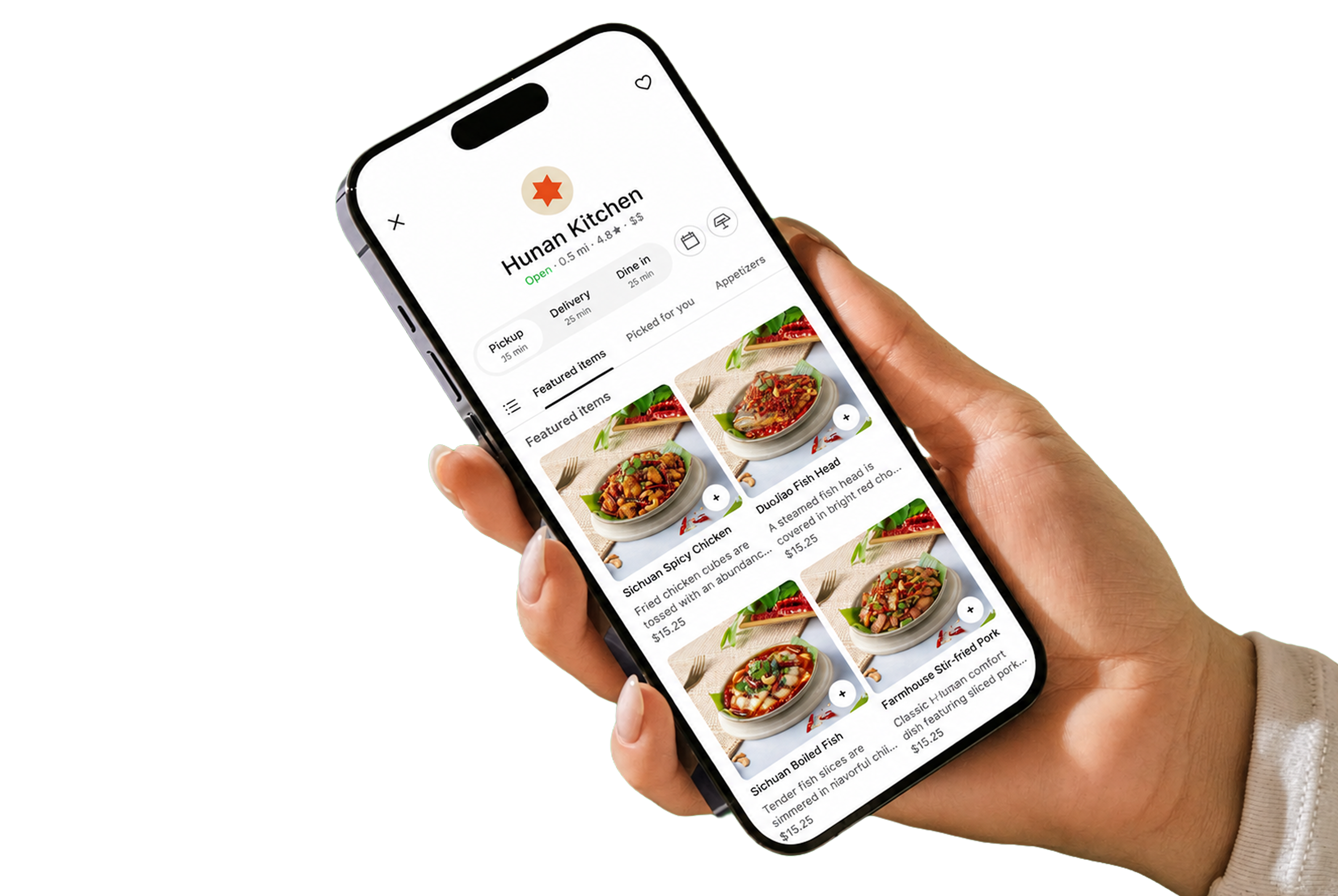 Hand holding smartphone with restaurant ordering app