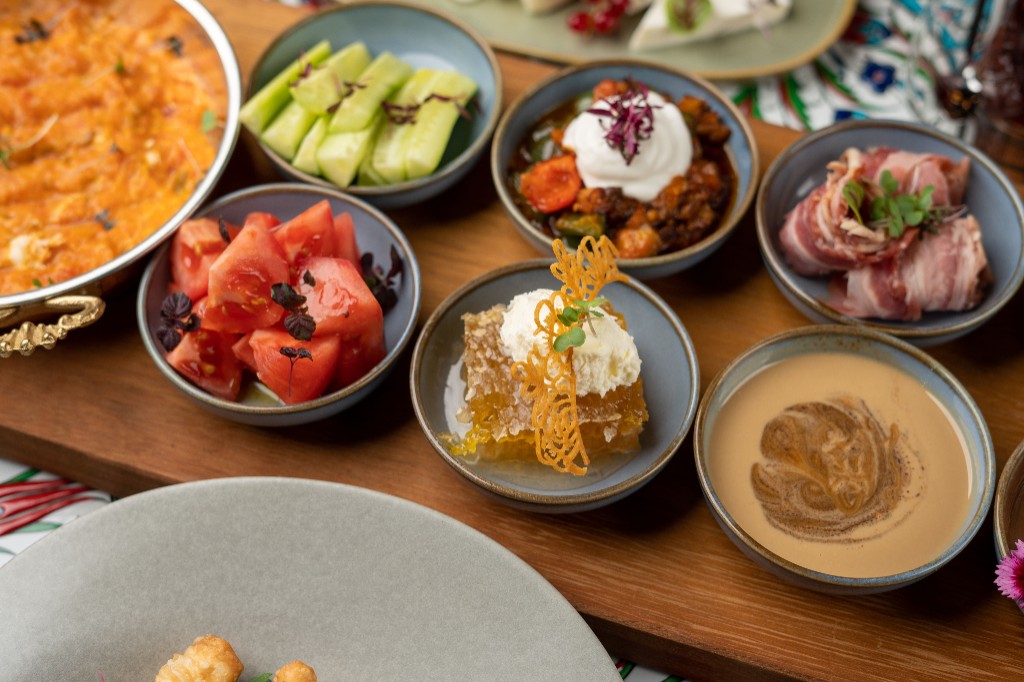 Restaurant dishes on a wooden table